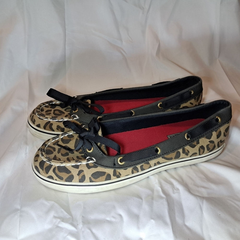 Sperry Black Leopard Print Boat Shoes Slip On Women's Size 7.5 M